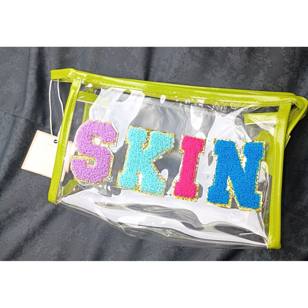 Carole Inc Clear PVC Makeup Bag Cosmetic Case Green Zipper "SKIN" Patch